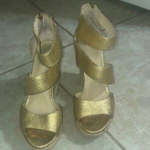 Botkier Metallic Gold Triple-Strap Espadrille Wedge Sandals